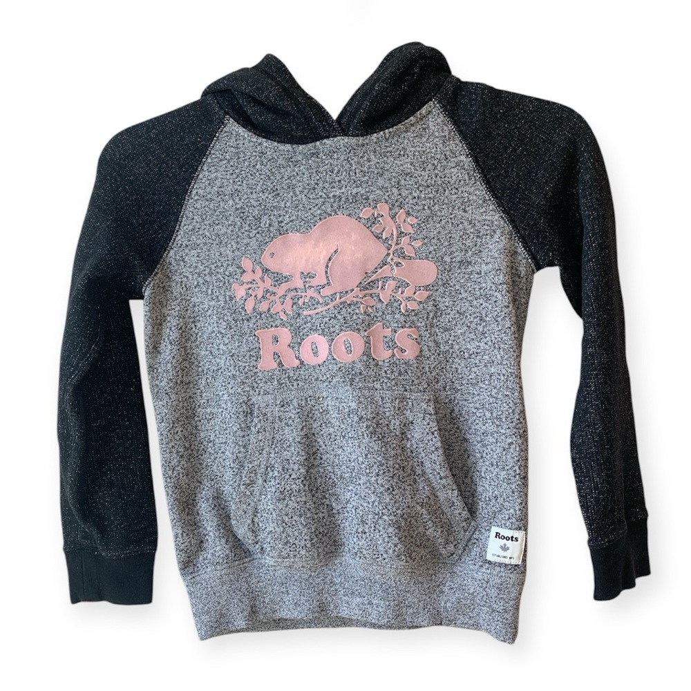 Roots Heathered Gray and Black, Raglan style Hoodie, Girls Size M, 7-8